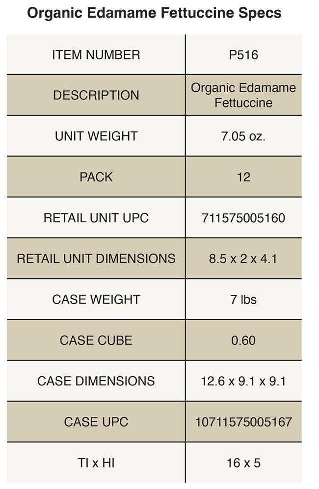Organic<br> Edamame Fettuccine Product Specs